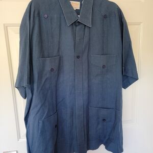 Ramon Puig Men's Blue Button-Up Dress Cuban Guayabera Shirt Linen